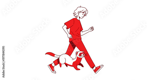 Young person walking with pet ferret in minimalist red illustration