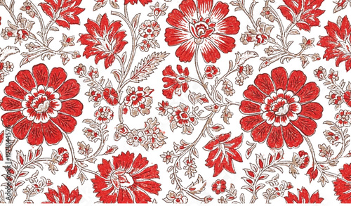 Vintage Indian block print floral seamless design with large red blooms on soft ivory background