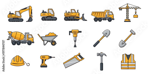 Construction equipment and tools collection on black background