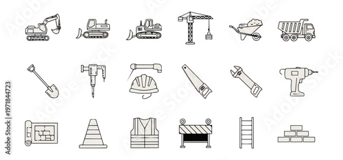 Construction equipment and tools icons on black background
