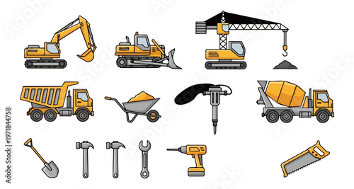 Construction equipment collection icons yellow vehicles tools isolated black background