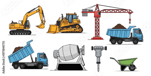 Construction equipment collection isolated on black background
