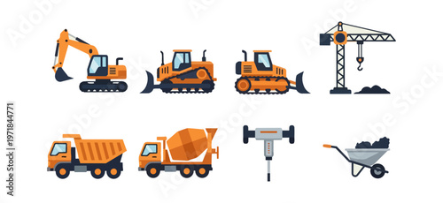 Construction equipment icons set isolated on black background