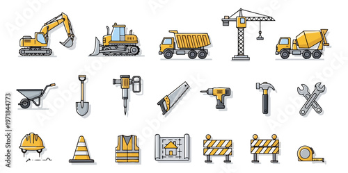 Construction equipment icons set isolated on black background vector illustration