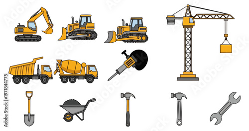 Construction equipment icons set isolated on black