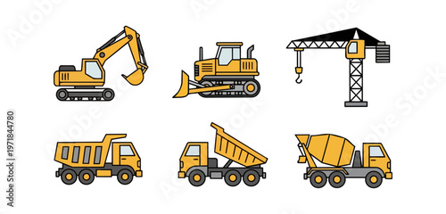 Construction equipment icons set isolated on black background