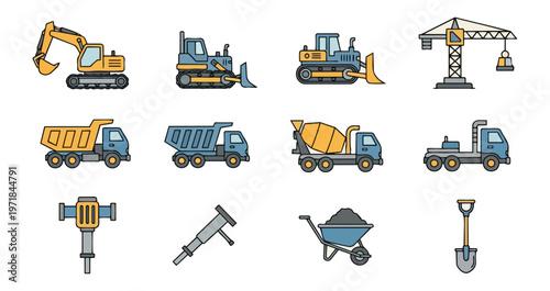 Construction equipment icons set on black background