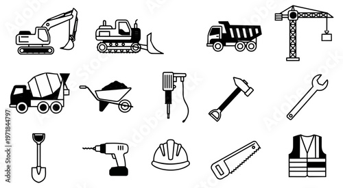 Construction equipment silhouettes set on black background