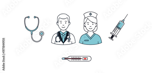 Medical professionals and tools illustration for healthcare concepts