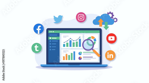 Ideal for presentations, websites, and social media content. Featuring a laptop with icons and data charts for modern digital concepts.