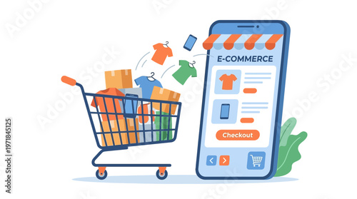 Mobile device with an ecommerce website, items going into a cart. Suitable for online shopping concepts and digital marketing content.