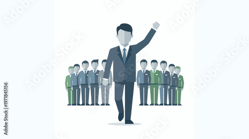 Team is actively engaged in a discussion with their leader, all following his lead with enthusiasm and determination. Suitable for team leadership concepts.