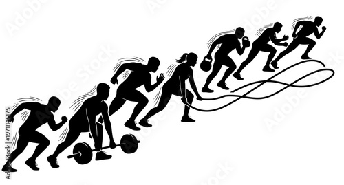 A vector graphic illustration of people engaging in various fitness activities in a dynamic and energetic motion