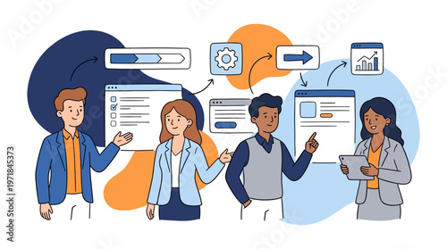 Diverse team discussing business workflow and data analytics. Suitable for presentations, websites, magazines, and articles on teamwork and data analysis.