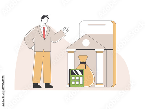 A businessman uses a banking app on his smartphone, demonstrating financial technology for managing personal or business finances. Tariff illustrations. Flat vector concepts.