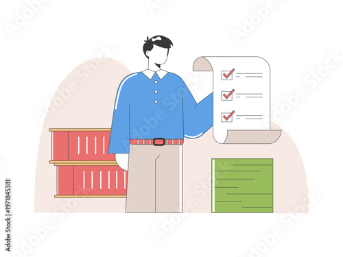 Young man holding a large checklist paper symbolizes effective project planning, process management, and quality control. Tariff illustrations. Flat vector concepts.