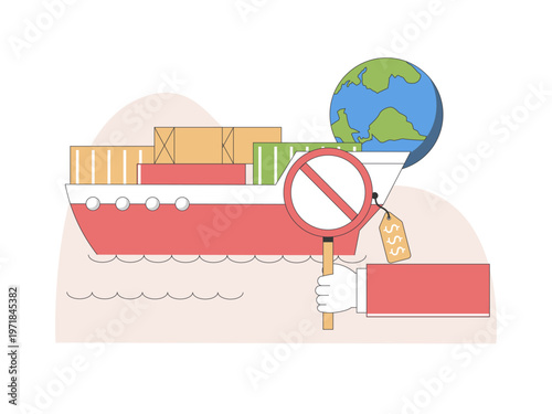 The concept of international maritime trade, particularly highlighting the costs and limitations associated with global shipping. Tariff illustrations. Flat vector concepts.
