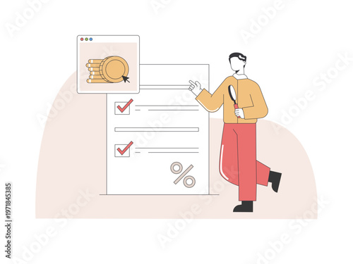 A man is reviewing a checklist or formal document, possibly related to finance, auditing, or tax compliance. Tariff illustrations. Flat vector concepts.