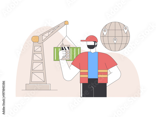 A logistics or shipping scene featuring a worker overseeing a crane lifting a cargo container. Tariff illustrations. Flat vector concepts.