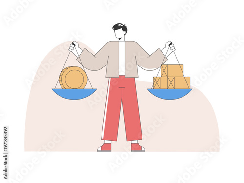 Balancing financial assets against tangible goods or cargo. Tariff illustrations. Flat vector concepts.