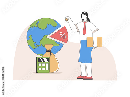A woman carrying books and coins, representing financial inflation or the act of paying taxes. Tariff illustrations. Flat vector concepts.