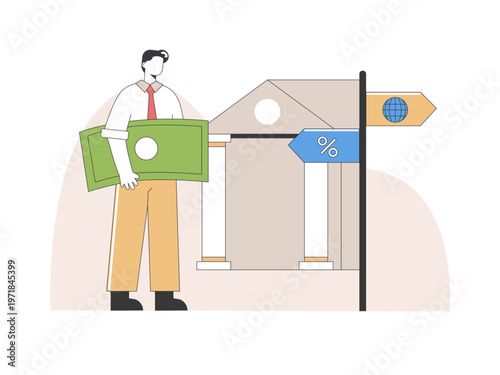 A businessman figure holding large currency notes, standing near a bank building. Tariff illustrations. Flat vector concepts.