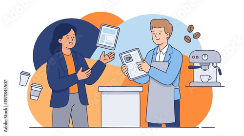 Barista and customer interacting over coffee perfect for coffee shop promotions, small business marketing, hospitality industry ads, and websites.