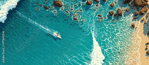 Aerial view of a surfer on a wave, near rocks and sandy beach