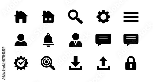 black and white vector icons representing various business and communication concepts