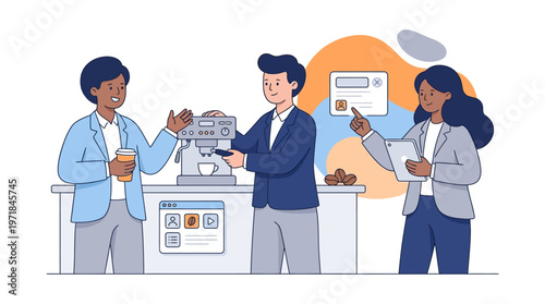 Three colleagues chat around coffee machine, business casual attire, modern office breakroom. Suitable for company website or team communication materials.