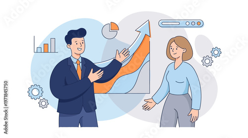 Quadro su tela Two business people analyzing a rising sales chart together, ideal for business presentations, financial reports, teamwork concepts, success illustrations