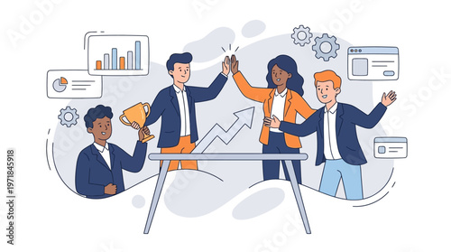 Team celebrating success with trophy, highfiving. Suitable for teamwork, success, achievement, winning, motivation, collaboration concepts in business.