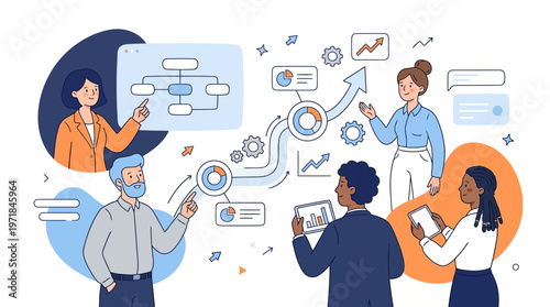 Diverse team of professionals presenting business data and workflow concepts, suitable for presentations, websites, or promotional materials related to teamwork.