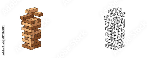 Wooden tower game illustrations in flat colored and black line styles using brown and tan tones representing a stack of blocks for strategy design and leisure gaming UI