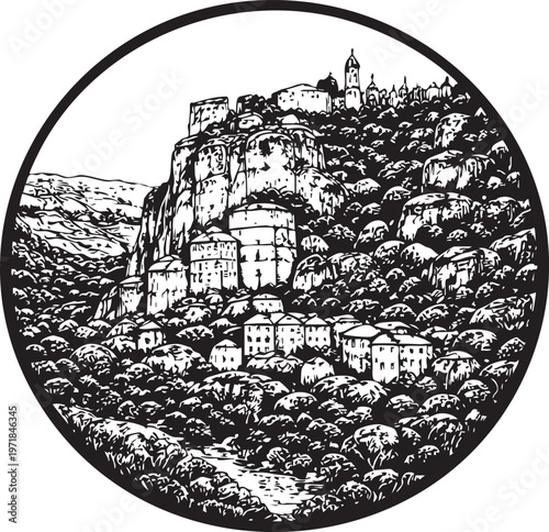 Rocamadour cliff village hillside architecture France landmark illustration packaging usage