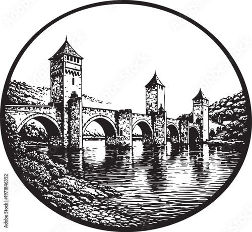 Pont Valentre bridge river scene historic architecture France landmark illustration packaging usage