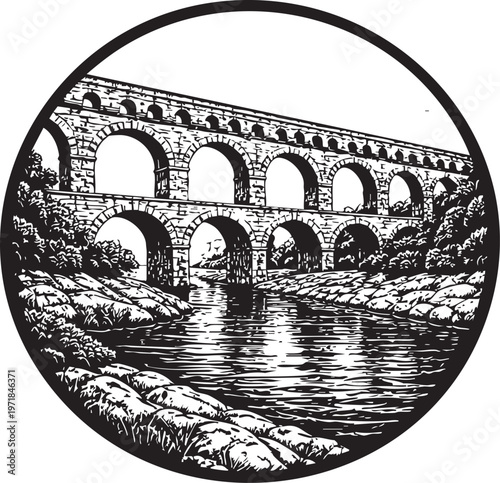 Pont du Gard Roman aqueduct arches over river landscape illustration for travel packaging logo