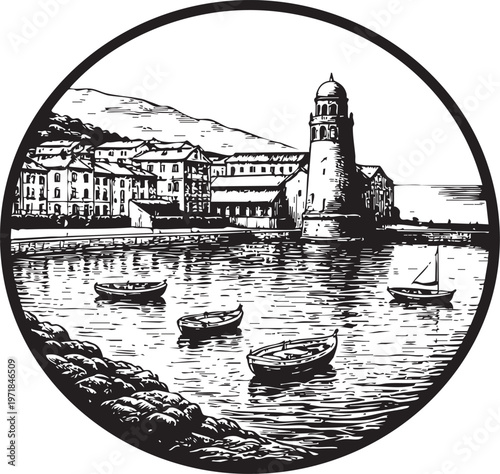 Collioure harbour coastal town lighthouse boats water scene illustration for travel packaging design