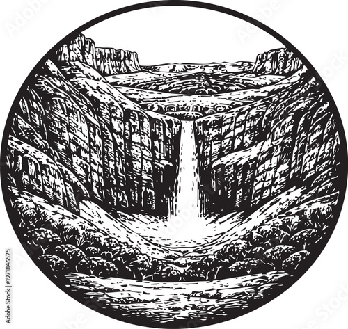 Cirque de Gavarnie Pyrenees waterfall mountain amphitheatre landscape illustration for travel branding packaging