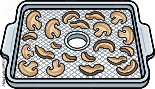 Dehydrator Tray With Sliced Mushrooms for Food Drying and Healthy Preservation