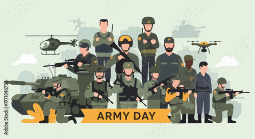 Illustration of soldiers on Army Day with helicopters.