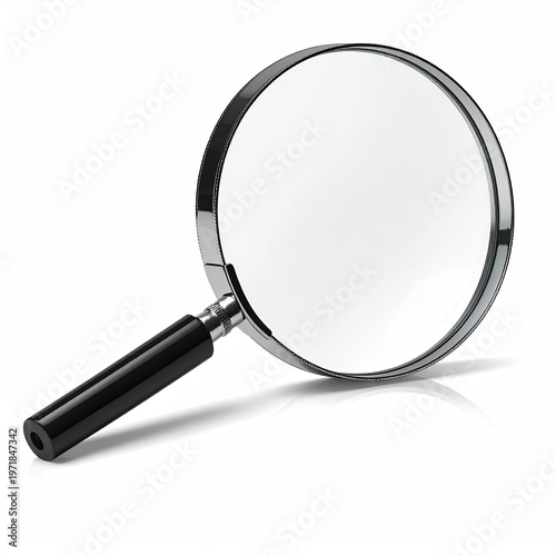 Chrome rimmed magnifying glass with black handle casting soft shadow on white background for inspection and detail visibility
