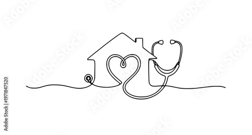 Continuous line home healthcare icon with stethoscope forming heart inside house minimalist vector