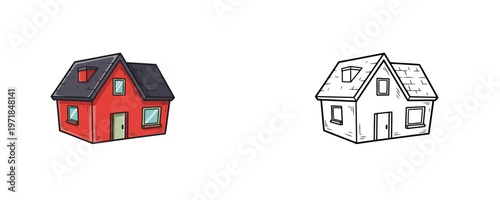 Red house illustrations in flat colored and black line styles using red and dark gray tones representing residential building or property for architectural or gaming UI