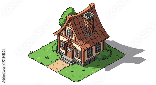 Cartoon cottage illustration on a green lawn with a tree and chimney