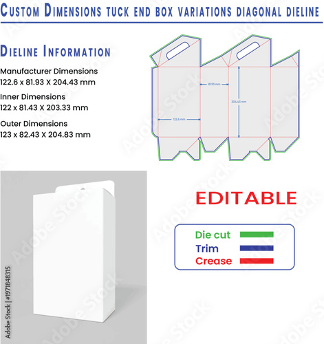 Custom Tuck End Box Dieline and Packaging Template With Dimensions vector illustration