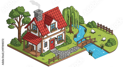 Cartoon cottage illustration with red roof and river in rural landscape