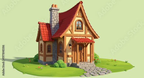 Cartoon cottage illustration with red roof and stone chimney on grass