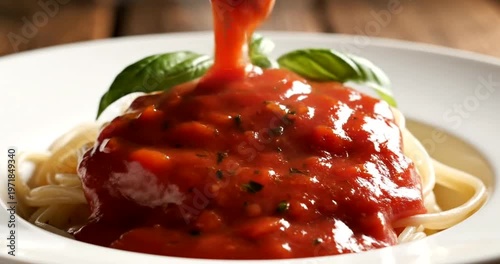 spaghetti with tomato sauce being poured.