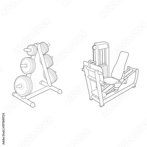 Isometric selectorized leg press and weight tree linear drawing